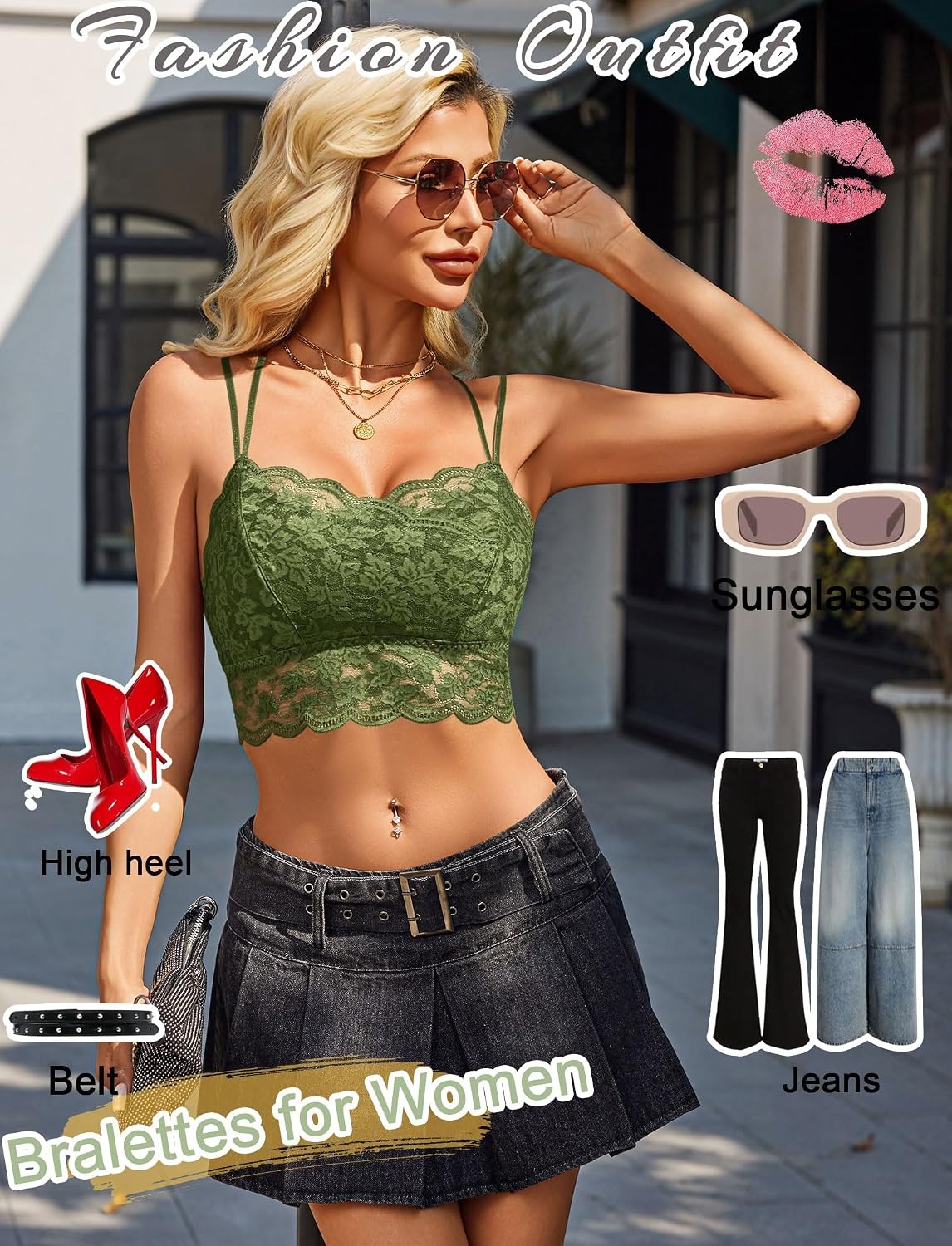 image:imageAvidlove Bralettes for Women Lace Camisole V Neck DoubleLayered Adjustable Strap Tank Cami Crop TopGreen