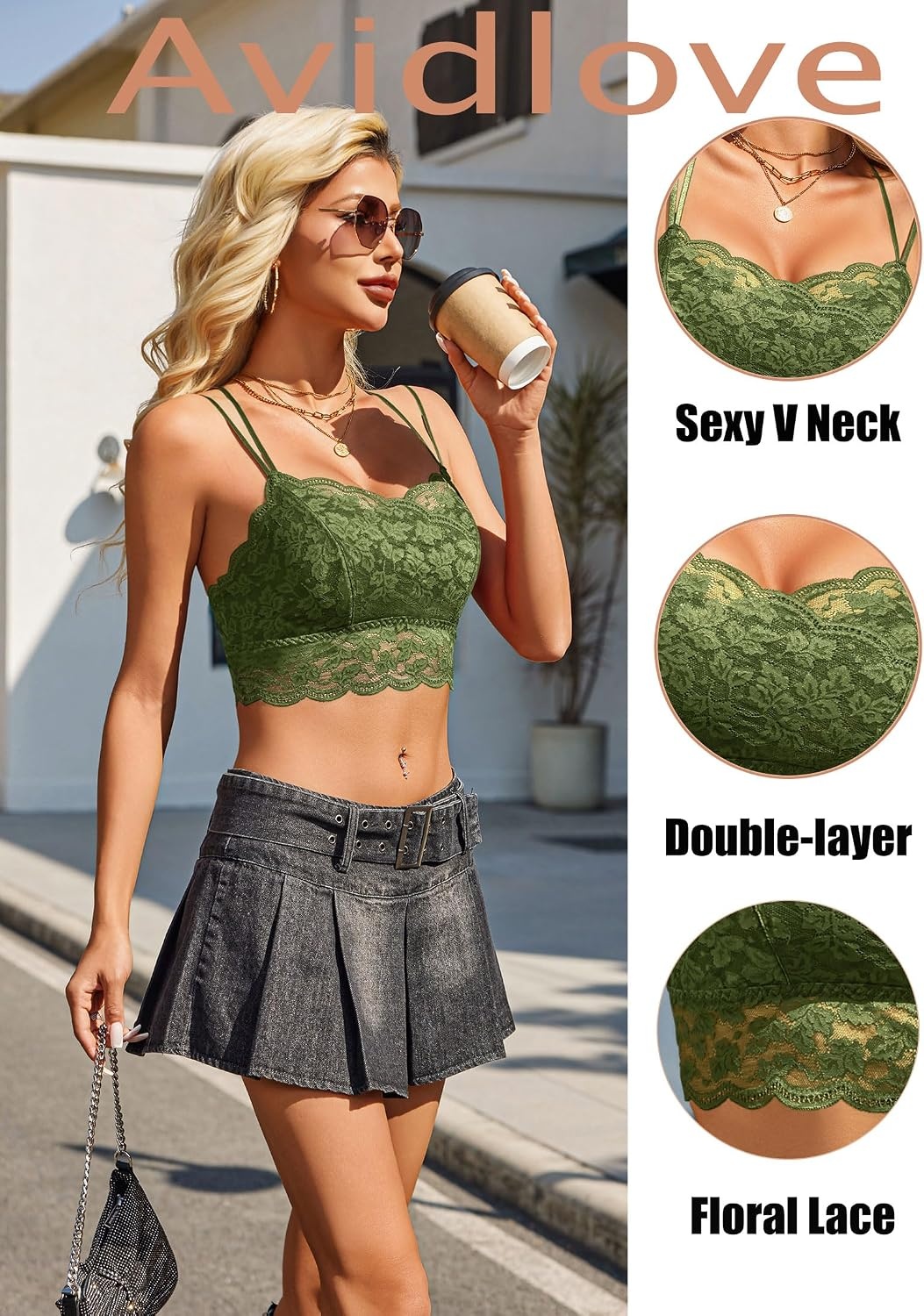image:imageAvidlove Bralettes for Women Lace Camisole V Neck DoubleLayered Adjustable Strap Tank Cami Crop TopGreen