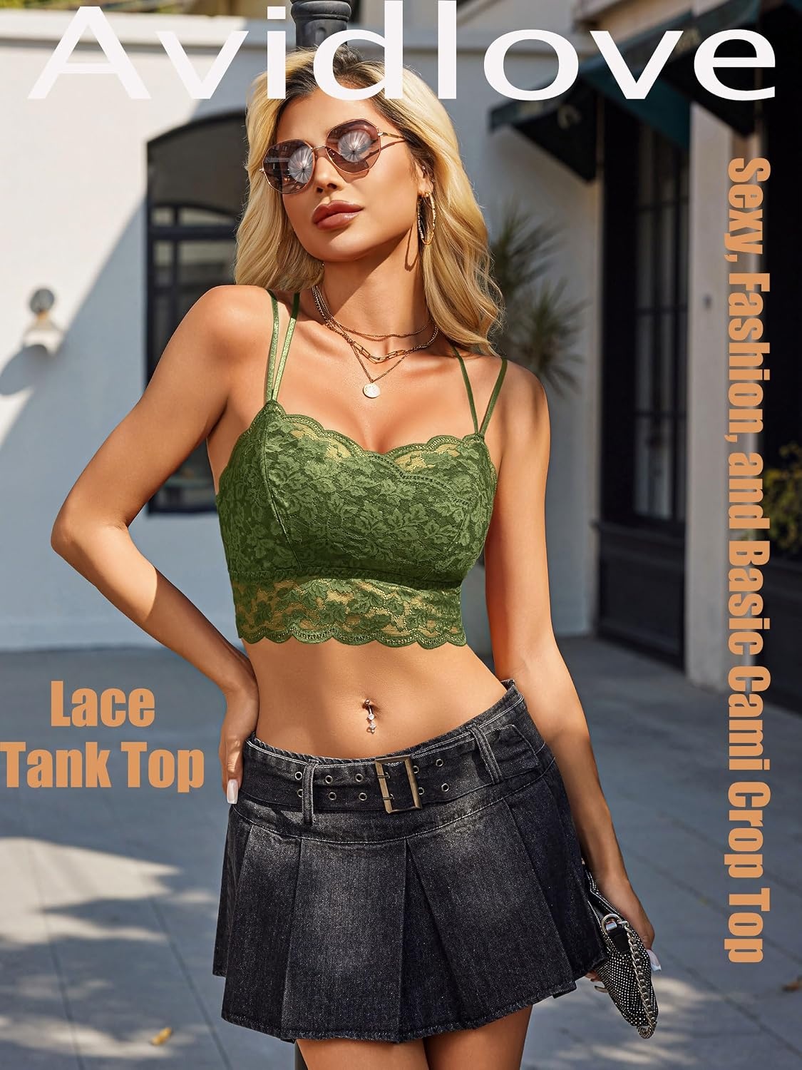 image:imageAvidlove Bralettes for Women Lace Camisole V Neck DoubleLayered Adjustable Strap Tank Cami Crop TopGreen