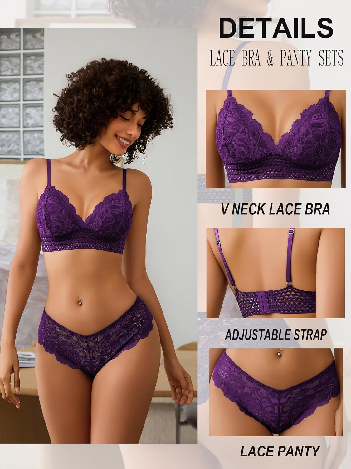 image:imageAvidlove Lingerie Set for Women Sexy Lace Bra and Panty Sets 2 Piece Lace Bralette SetDark Purple