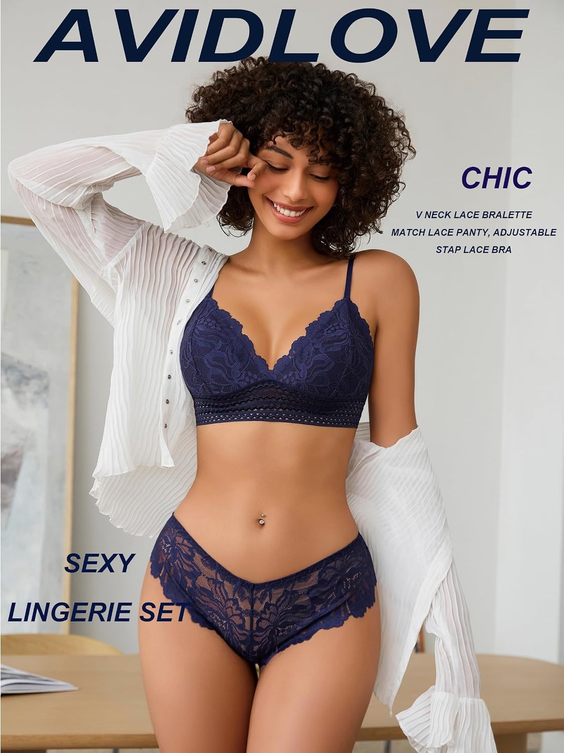 image:imageAvidlove Lingerie Set for Women Sexy Lace Bra and Panty Sets 2 Piece Lace Bralette SetNavy Blue
