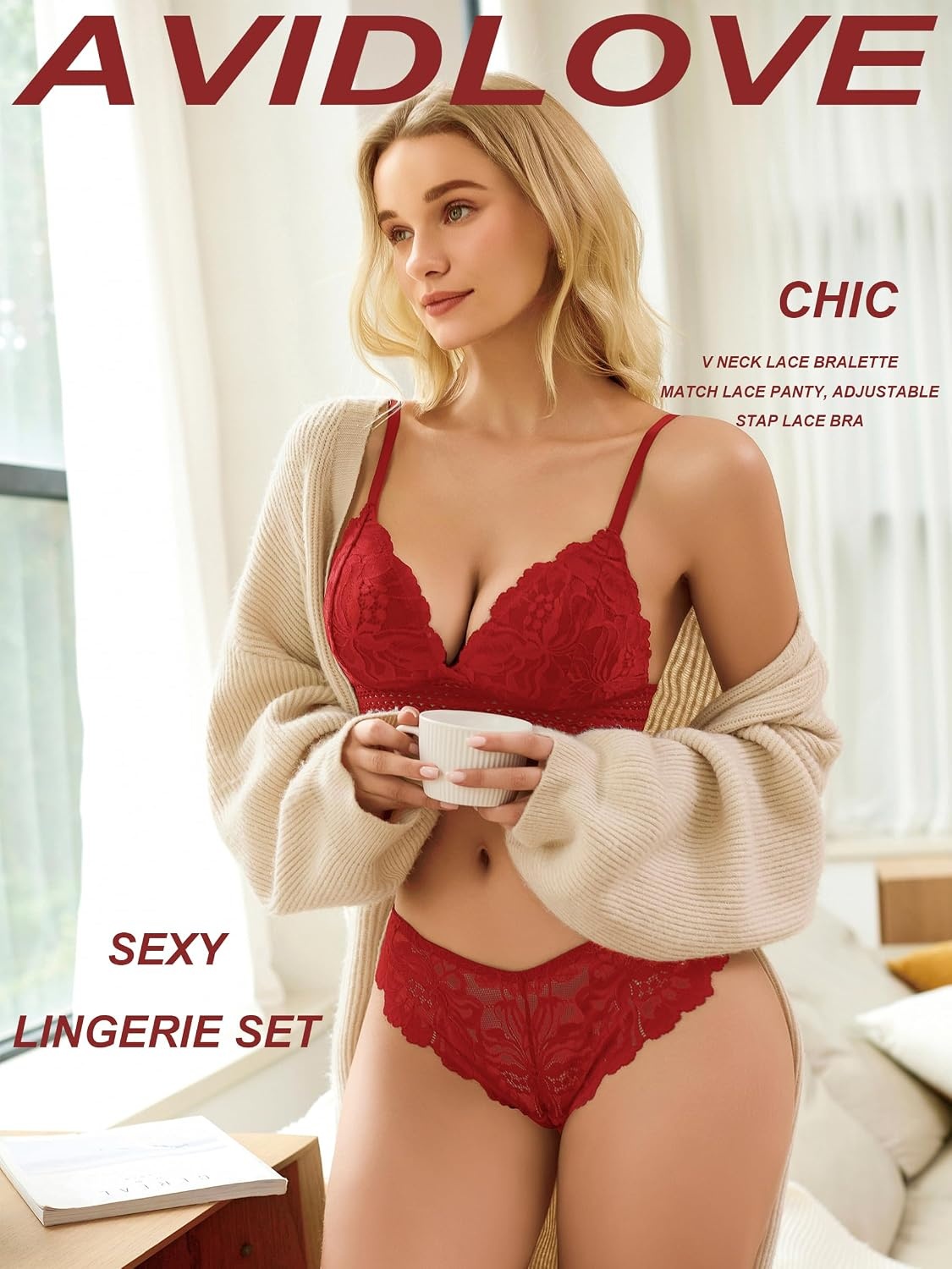 image:imageAvidlove Lingerie Set for Women Sexy Lace Bra and Panty Sets 2 Piece Lace Bralette SetRed