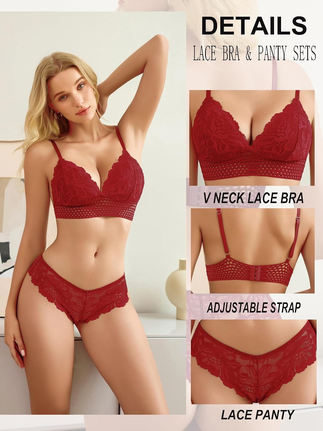 image:imageAvidlove Lingerie Set for Women Sexy Lace Bra and Panty Sets 2 Piece Lace Bralette SetRed