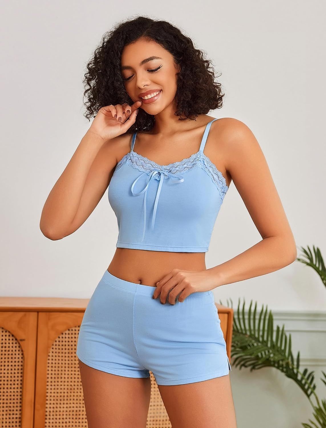 image:imageAvidlove Lingerie Sets For Women Sexy Sleepwear Lingerie Set Lace Trim Short PJ Set Soft Sleepwear Shorts 2 Piece SXXLLight Blue