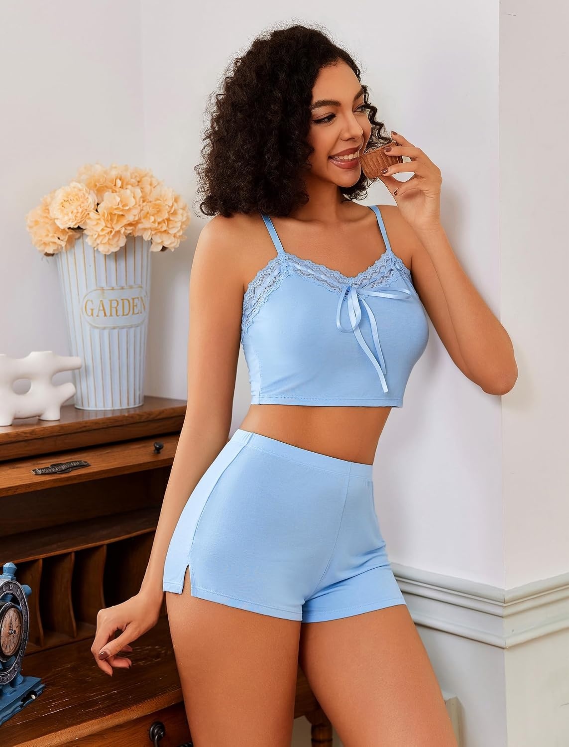 image:imageAvidlove Lingerie Sets For Women Sexy Sleepwear Lingerie Set Lace Trim Short PJ Set Soft Sleepwear Shorts 2 Piece SXXLLight Blue