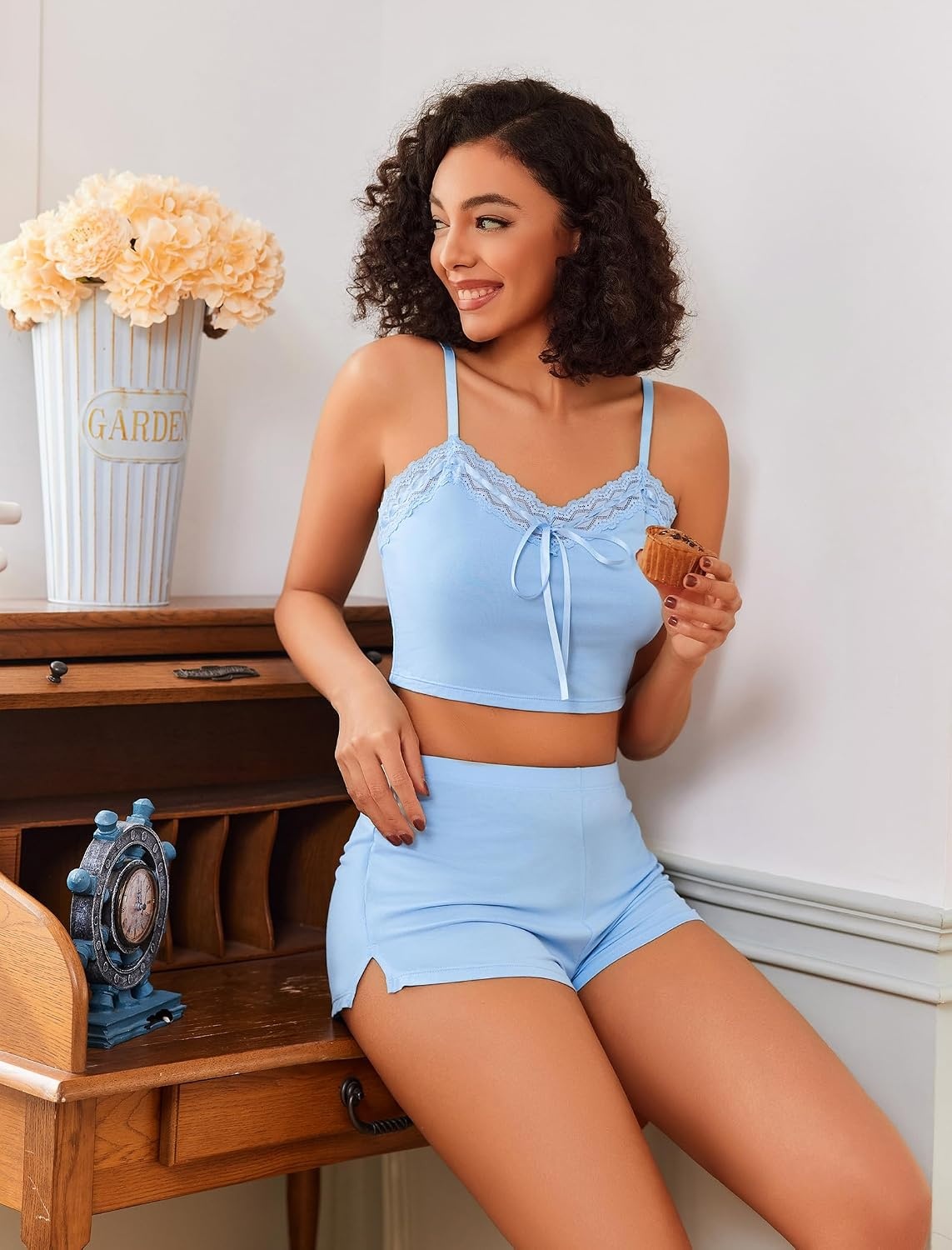 image:imageAvidlove Lingerie Sets For Women Sexy Sleepwear Lingerie Set Lace Trim Short PJ Set Soft Sleepwear Shorts 2 Piece SXXLLight Blue