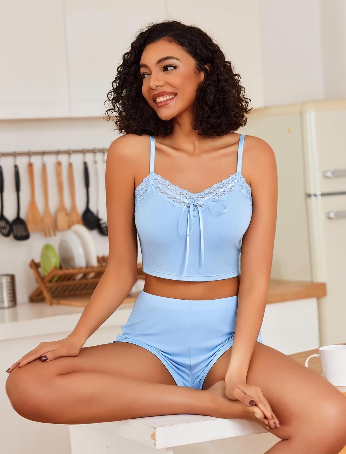 image:imageAvidlove Lingerie Sets For Women Sexy Sleepwear Lingerie Set Lace Trim Short PJ Set Soft Sleepwear Shorts 2 Piece SXXLLight Blue