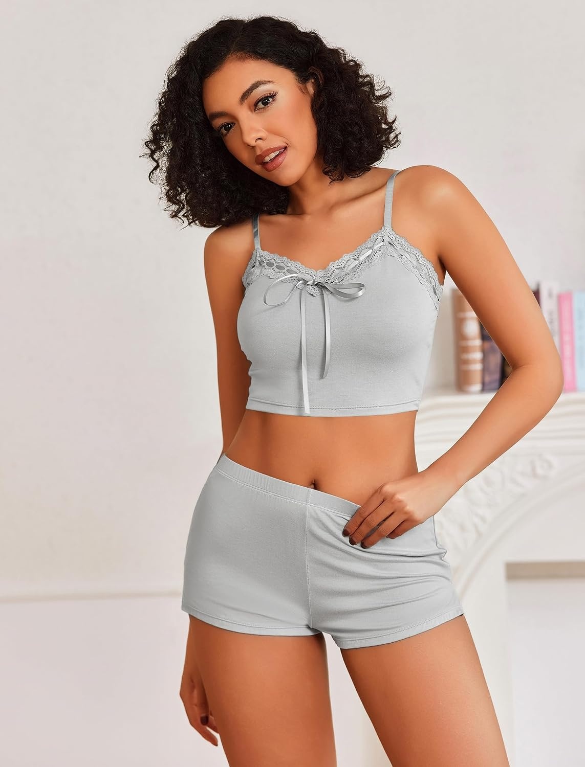 image:imageAvidlove Lingerie Sets For Women Sexy Sleepwear Lingerie Set Lace Trim Short PJ Set Soft Sleepwear Shorts 2 Piece SXXLLight Gray