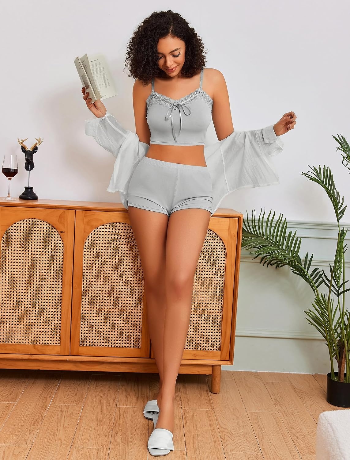image:imageAvidlove Lingerie Sets For Women Sexy Sleepwear Lingerie Set Lace Trim Short PJ Set Soft Sleepwear Shorts 2 Piece SXXLLight Gray