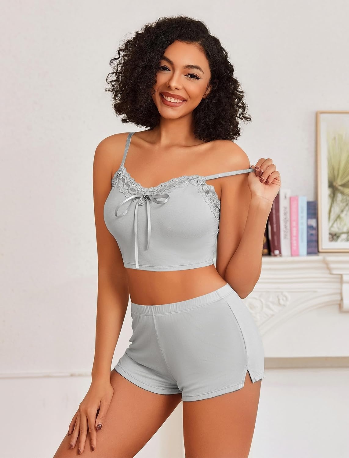image:imageAvidlove Lingerie Sets For Women Sexy Sleepwear Lingerie Set Lace Trim Short PJ Set Soft Sleepwear Shorts 2 Piece SXXLLight Gray