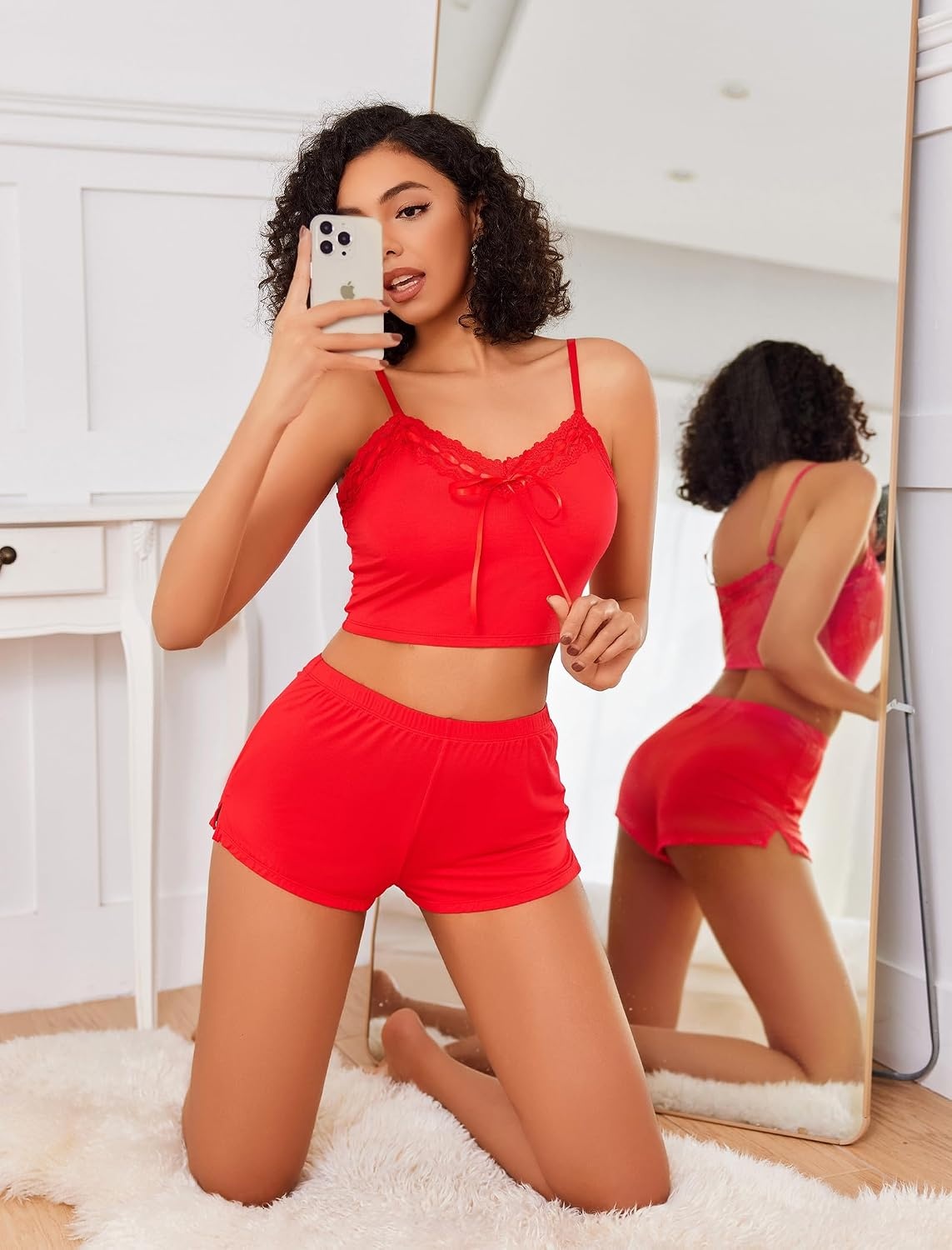 image:imageAvidlove Lingerie Sets For Women Sexy Sleepwear Lingerie Set Lace Trim Short PJ Set Soft Sleepwear Shorts 2 Piece SXXLRed
