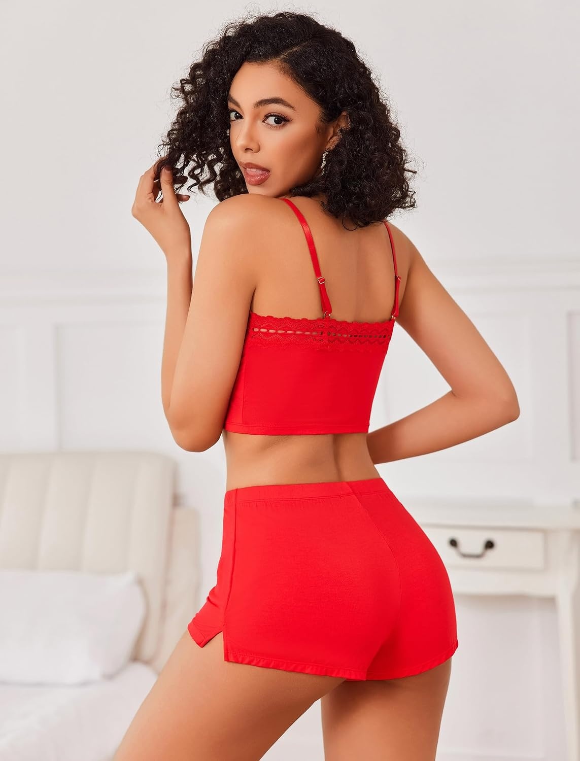 image:imageAvidlove Lingerie Sets For Women Sexy Sleepwear Lingerie Set Lace Trim Short PJ Set Soft Sleepwear Shorts 2 Piece SXXLRed