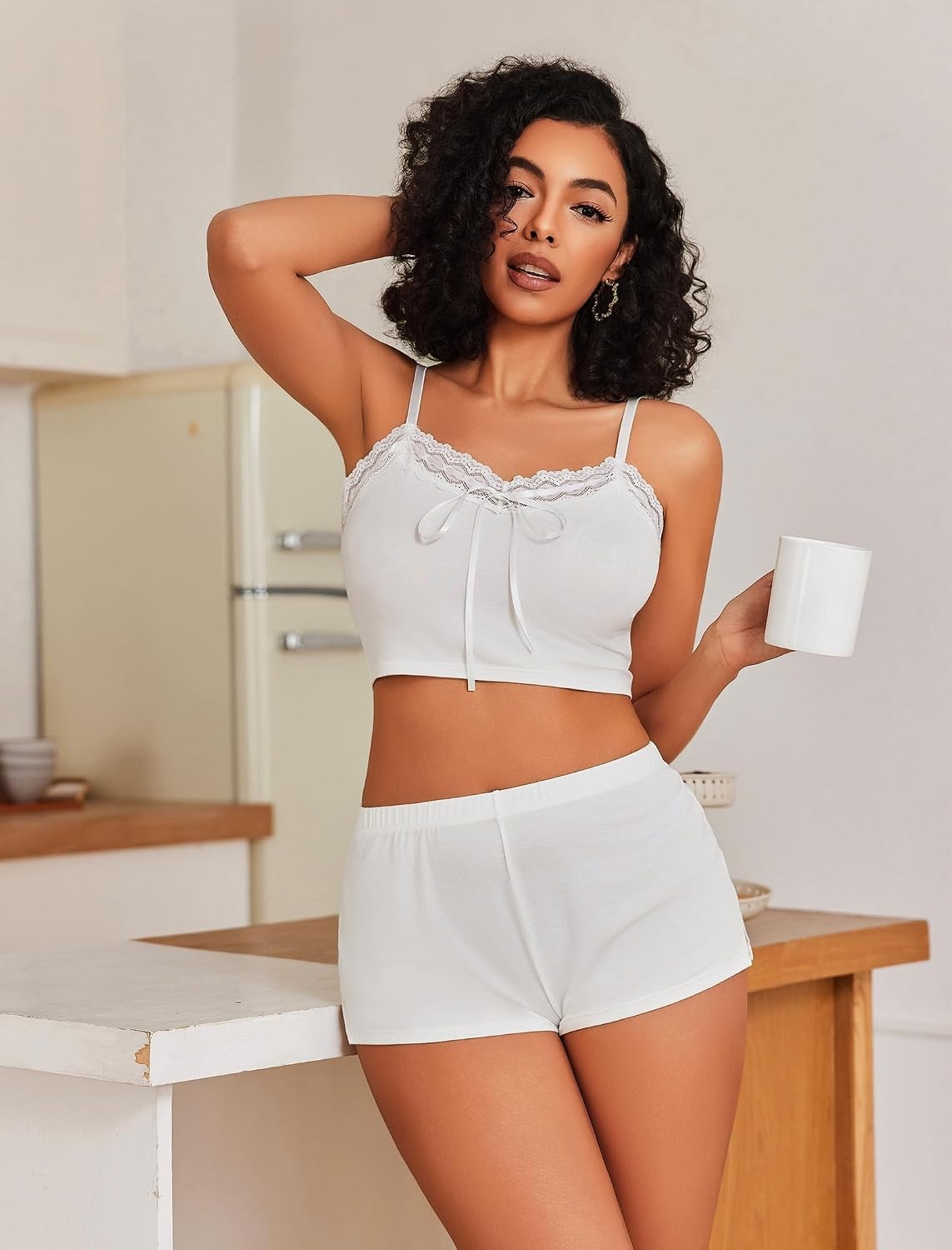 image:imageAvidlove Lingerie Sets For Women Sexy Sleepwear Lingerie Set Lace Trim Short PJ Set Soft Sleepwear Shorts 2 Piece SXXLWhite