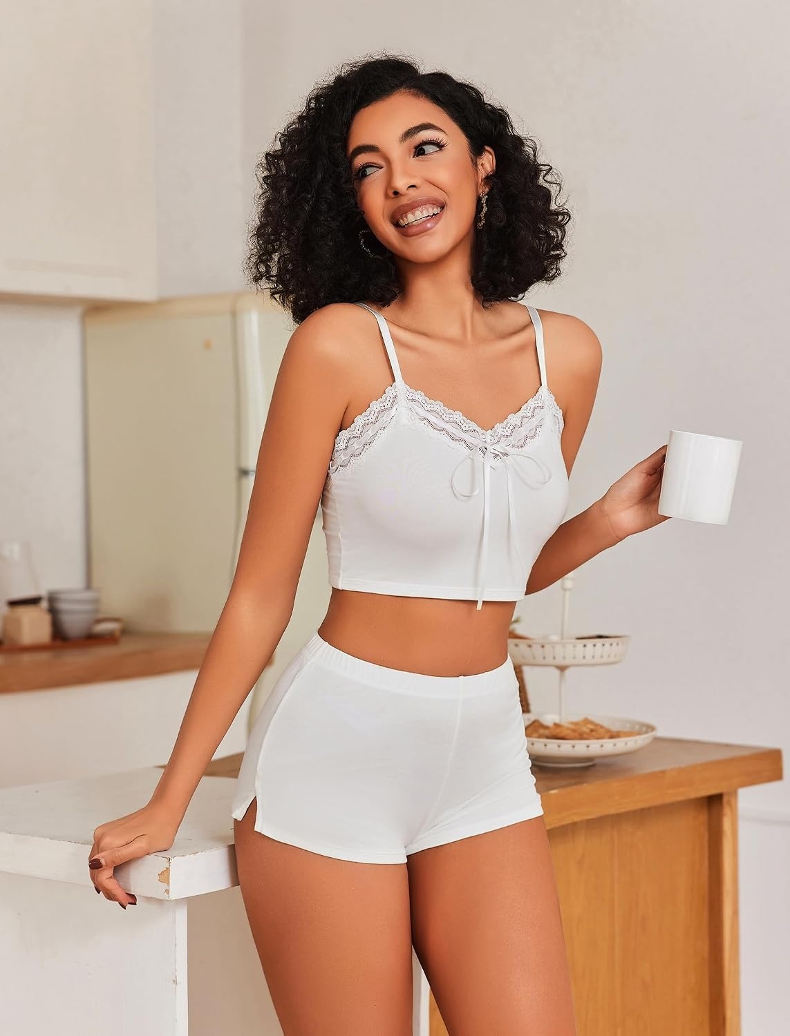 image:imageAvidlove Lingerie Sets For Women Sexy Sleepwear Lingerie Set Lace Trim Short PJ Set Soft Sleepwear Shorts 2 Piece SXXLWhite