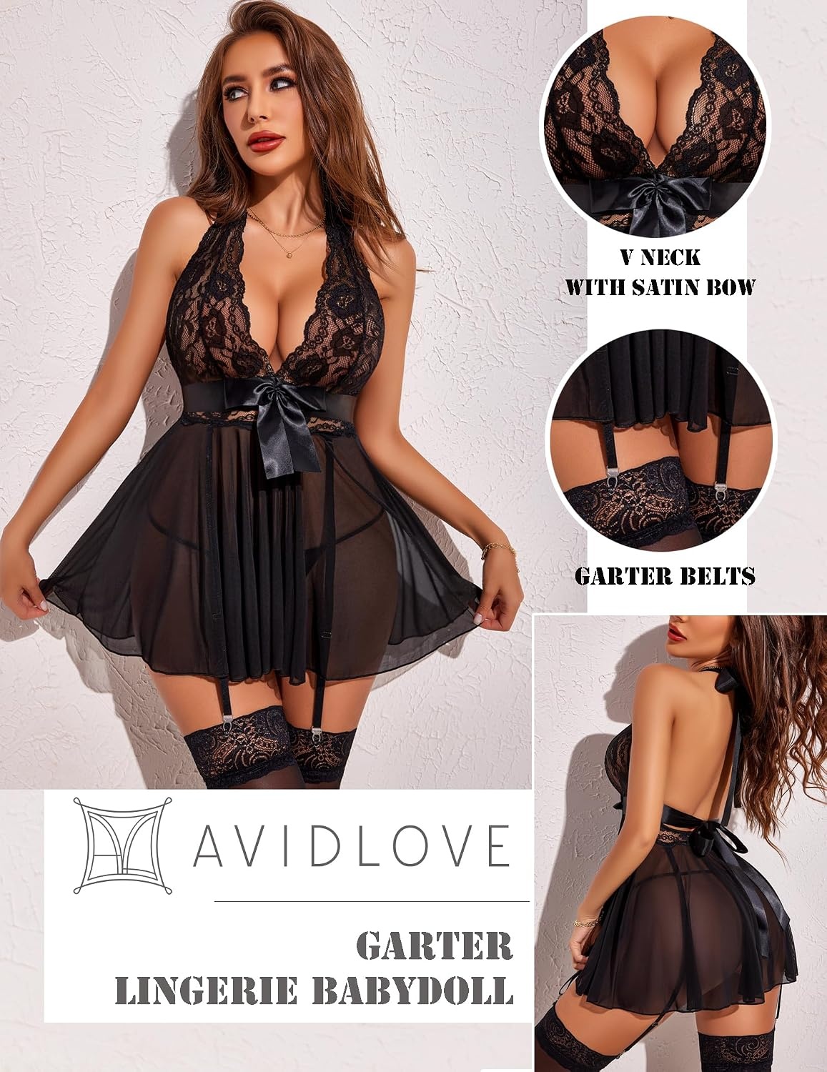 image:imageAvidlove Lingerie for Women Lace Babydoll Chemise Halter V Sexy Sleepwear with Garter Belt0 Black