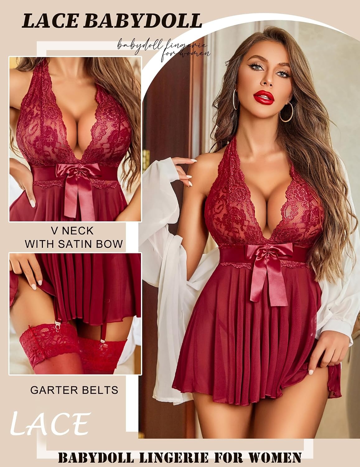image:imageAvidlove Lingerie for Women Lace Babydoll Chemise Halter V Sexy Sleepwear with Garter BeltDark Red