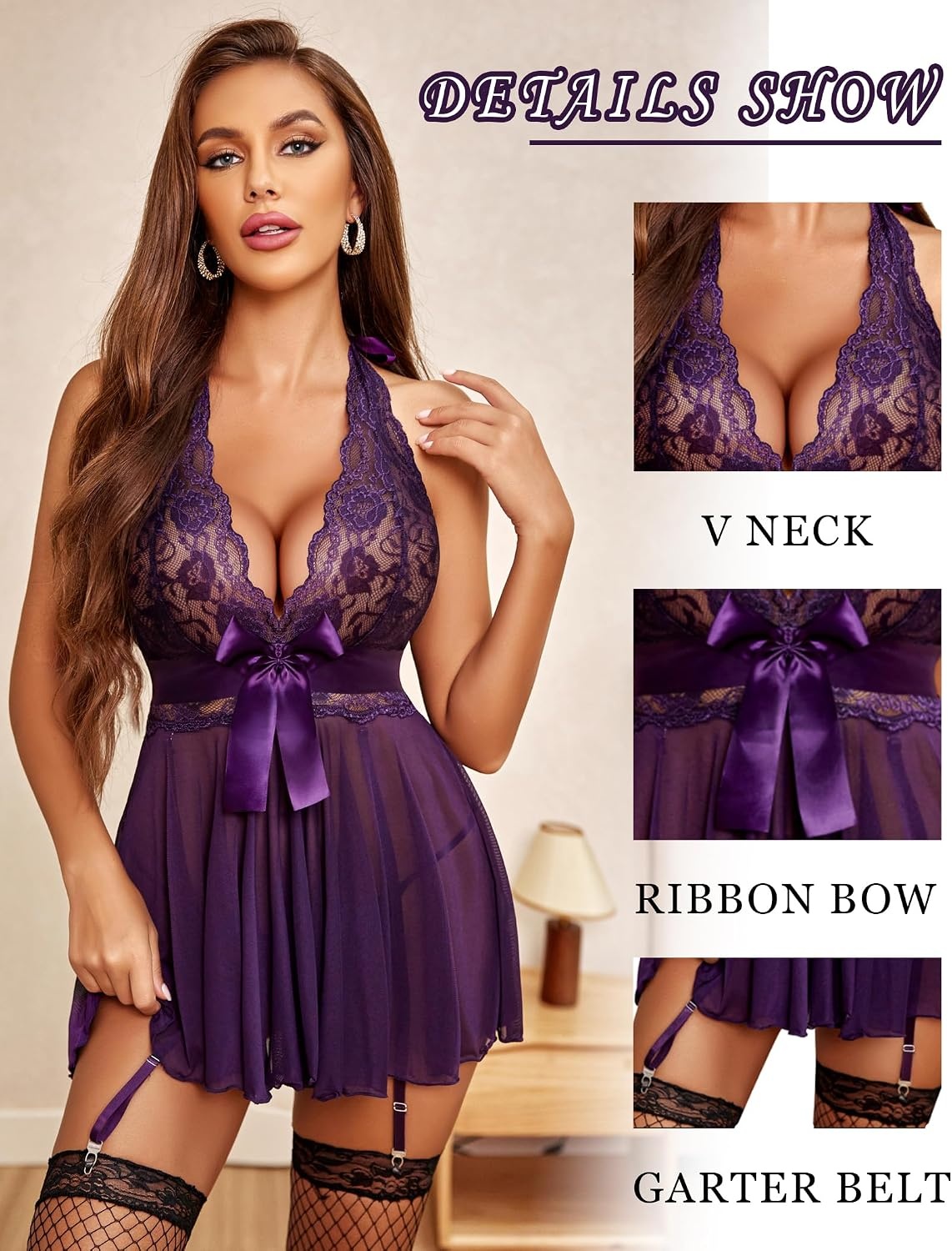 image:imageAvidlove Lingerie for Women Lace Babydoll Chemise Halter V Sexy Sleepwear with Garter BeltDeep Purple