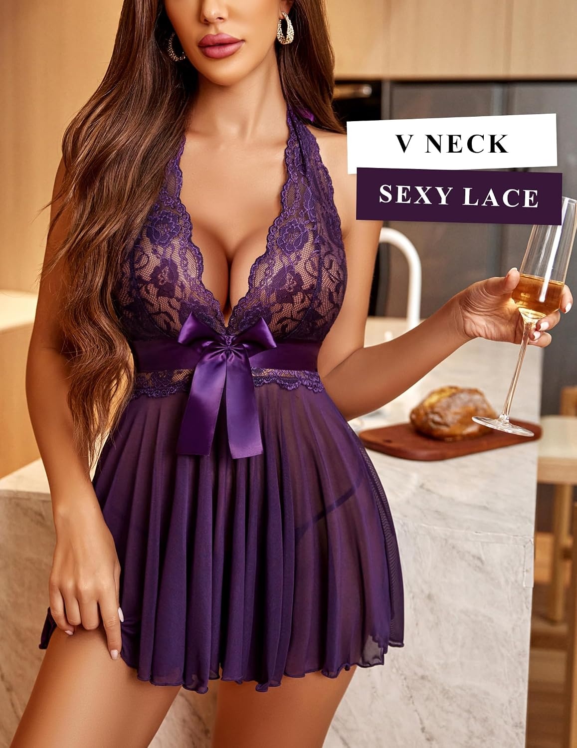 image:imageAvidlove Lingerie for Women Lace Babydoll Chemise Halter V Sexy Sleepwear with Garter BeltDeep Purple