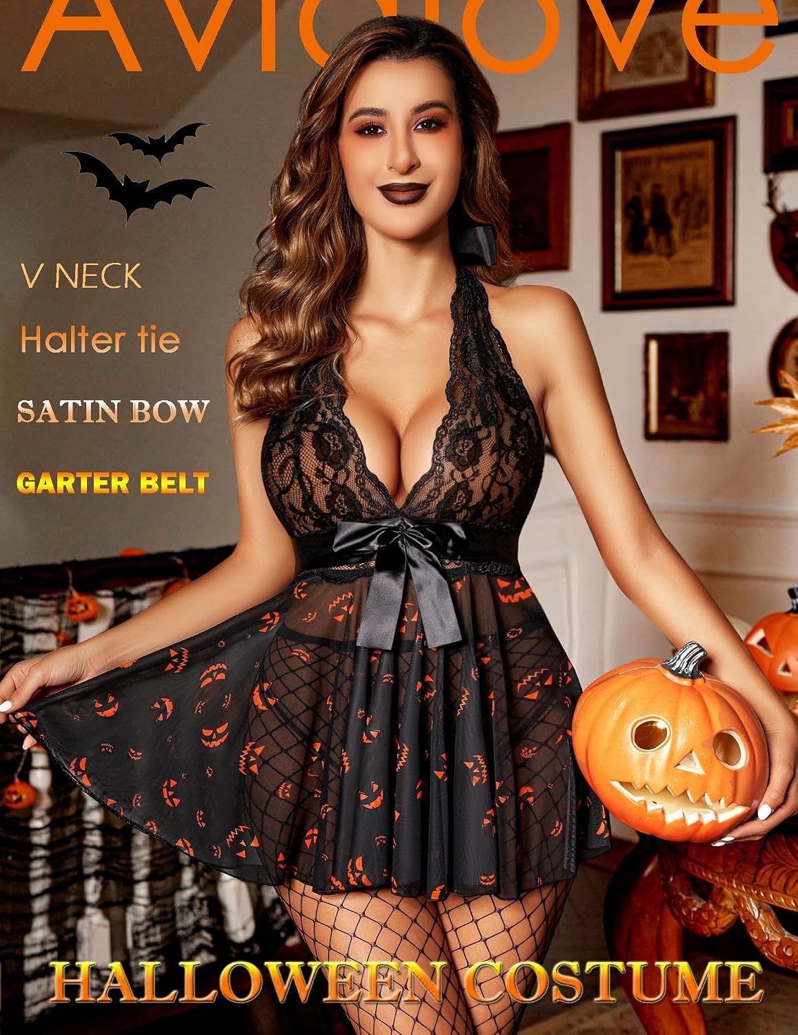 image:imageAvidlove Lingerie for Women Lace Babydoll Chemise Halter V Sexy Sleepwear with Garter BeltGhost Face Print