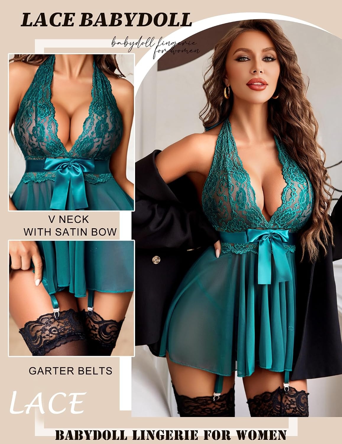 image:imageAvidlove Lingerie for Women Lace Babydoll Chemise Halter V Sexy Sleepwear with Garter BeltPeacock Blue