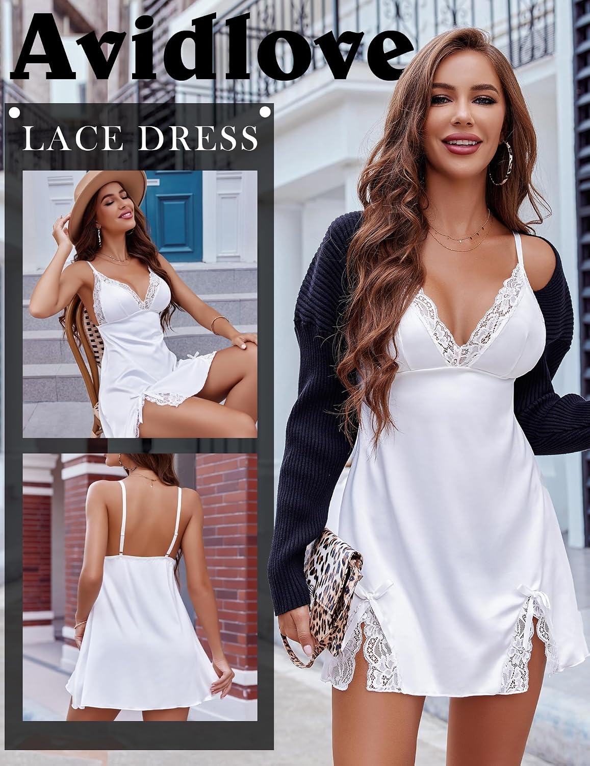 image:imageAvidlove Lingerie for Women Satin Lace Mini Dress V Neck Nightgown Sexy Boudoir Outfits1white