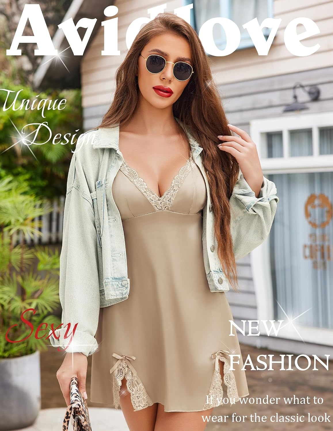 image:imageAvidlove Lingerie for Women Satin Lace Mini Dress V Neck Nightgown Sexy Boudoir OutfitsCoffee