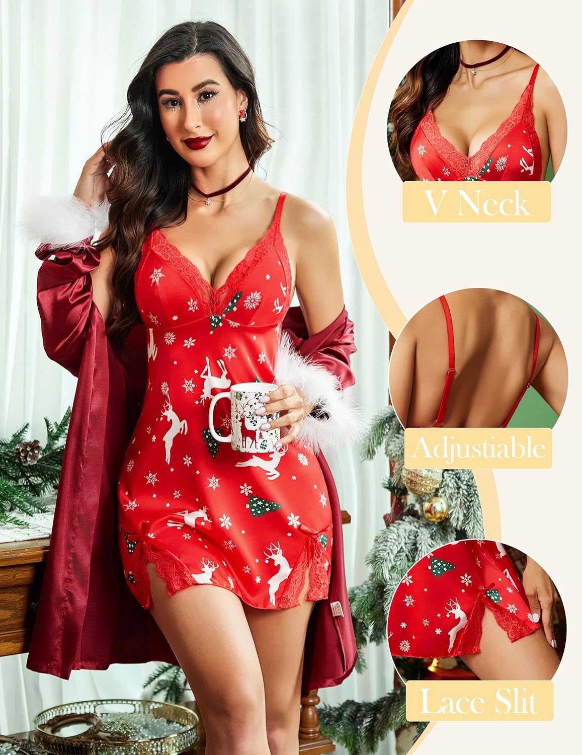 image:imageAvidlove Lingerie for Women Satin Lace Mini Dress V Neck Nightgown Sexy Boudoir OutfitsFloral Snow