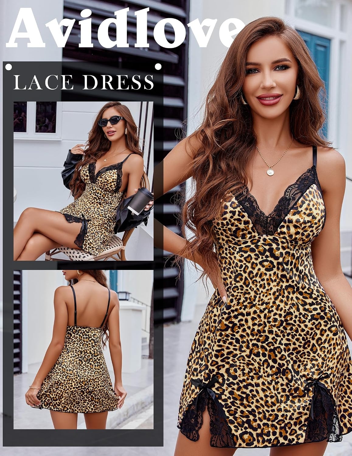 image:imageAvidlove Lingerie for Women Satin Lace Mini Dress V Neck Nightgown Sexy Boudoir OutfitsLeopard Print