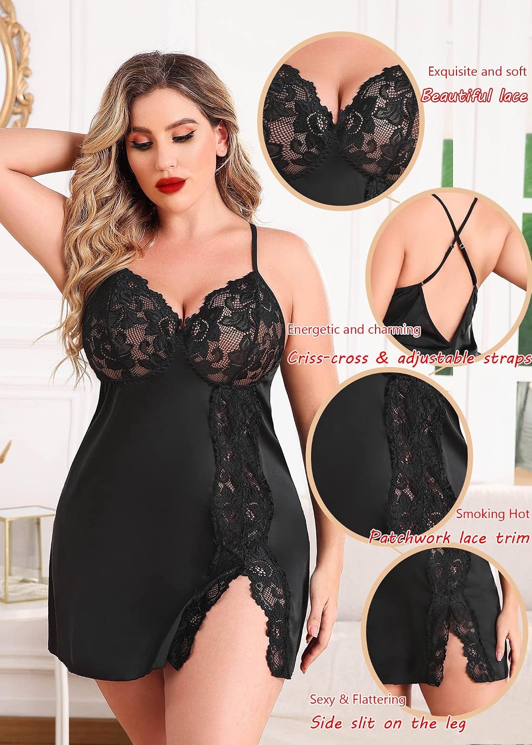 image:imageAvidlove Plus Size Lingerie For Women Sexy Satin Nightgown Lace Babydoll Side Slit Strappy Chemise NightwearBlack