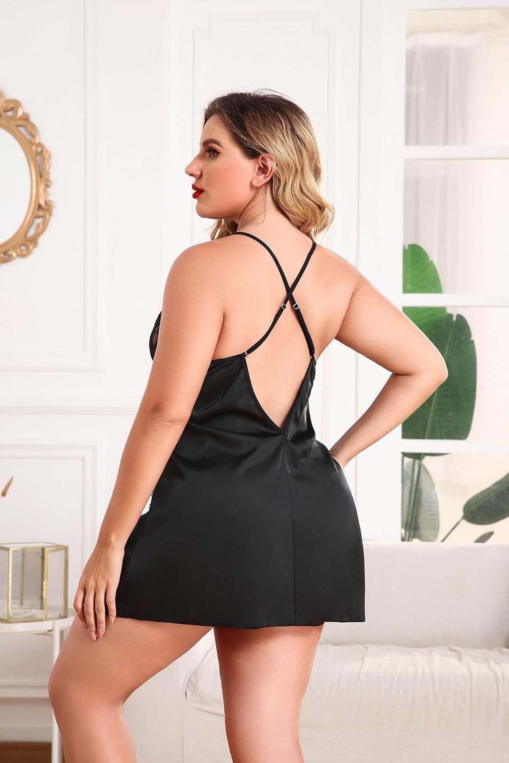 image:imageAvidlove Plus Size Lingerie For Women Sexy Satin Nightgown Lace Babydoll Side Slit Strappy Chemise NightwearBlack
