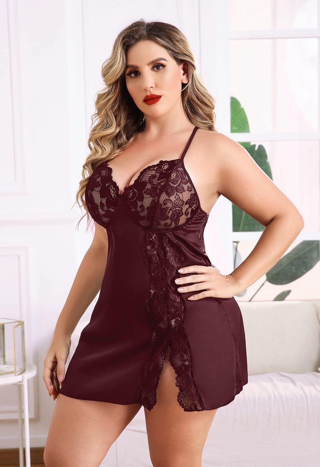image:imageAvidlove Plus Size Lingerie For Women Sexy Satin Nightgown Lace Babydoll Side Slit Strappy Chemise NightwearDark Red