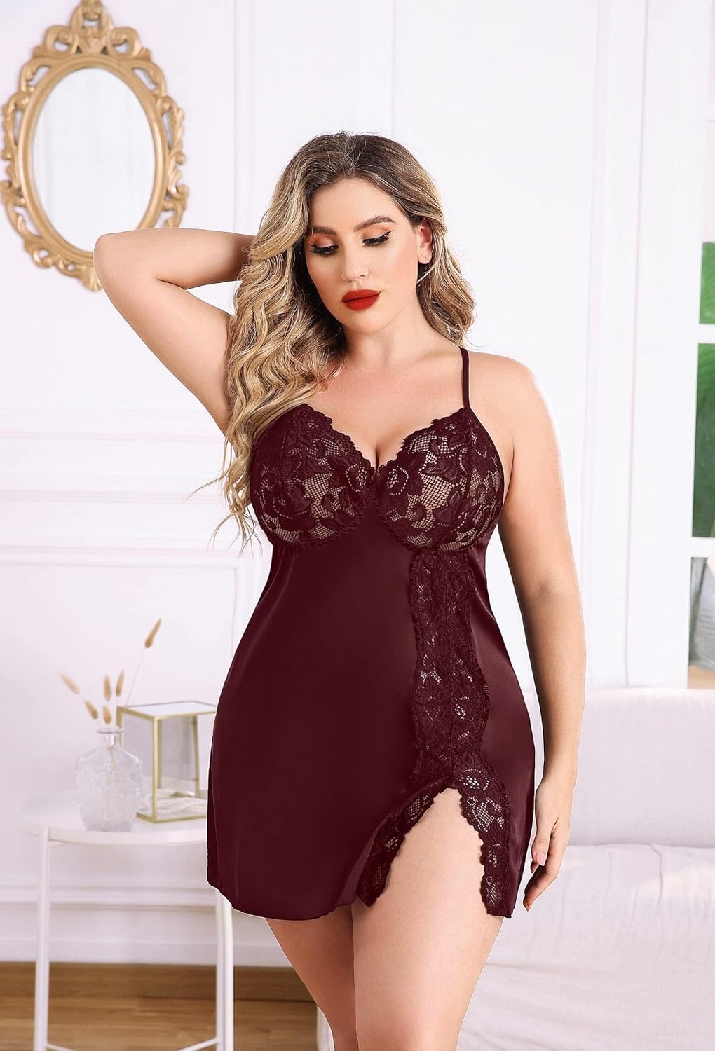 image:imageAvidlove Plus Size Lingerie For Women Sexy Satin Nightgown Lace Babydoll Side Slit Strappy Chemise NightwearDark Red