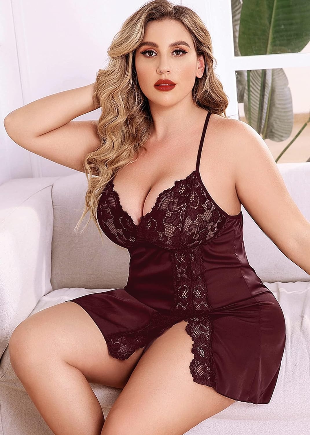 image:imageAvidlove Plus Size Lingerie For Women Sexy Satin Nightgown Lace Babydoll Side Slit Strappy Chemise NightwearDark Red
