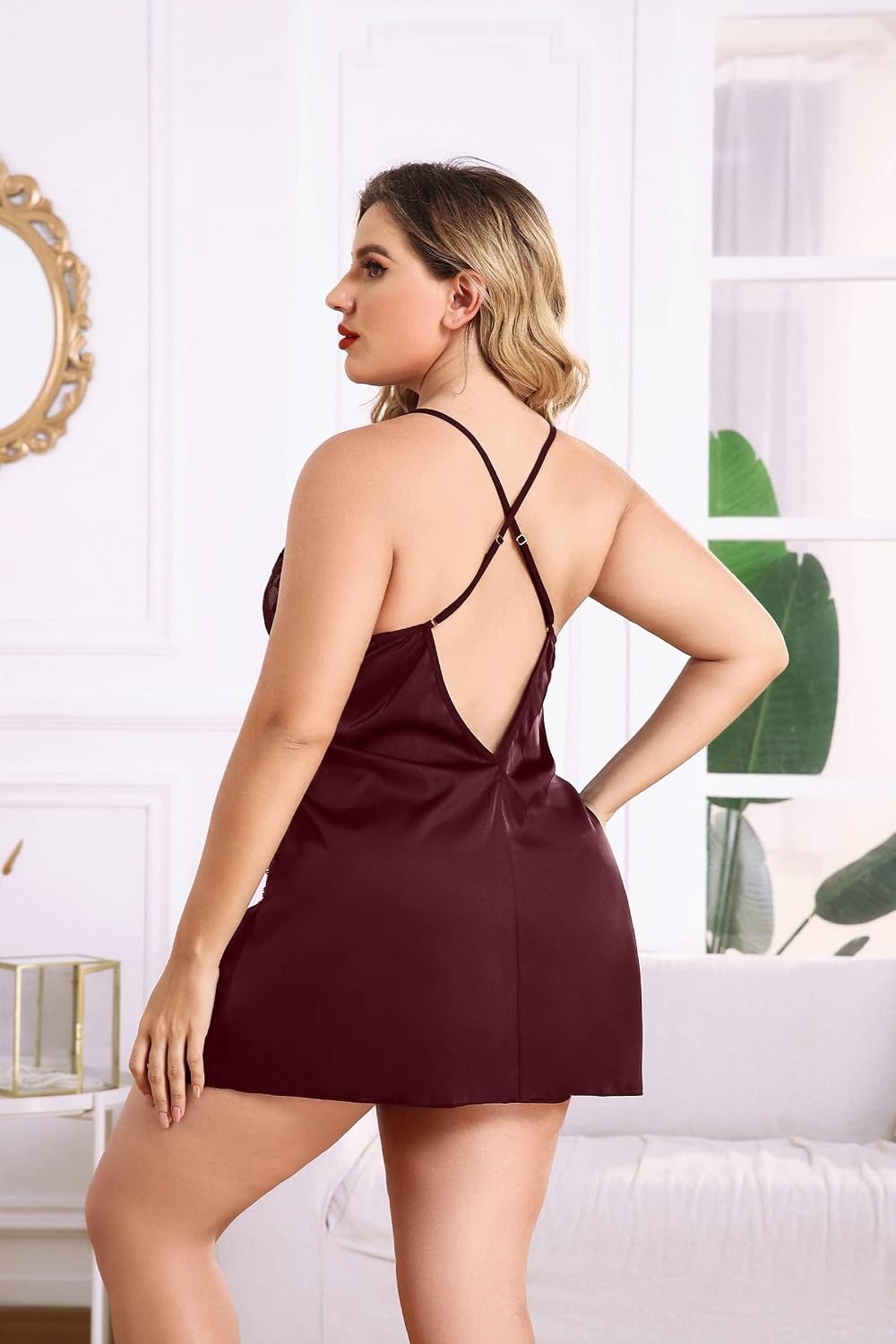 image:imageAvidlove Plus Size Lingerie For Women Sexy Satin Nightgown Lace Babydoll Side Slit Strappy Chemise NightwearDark Red