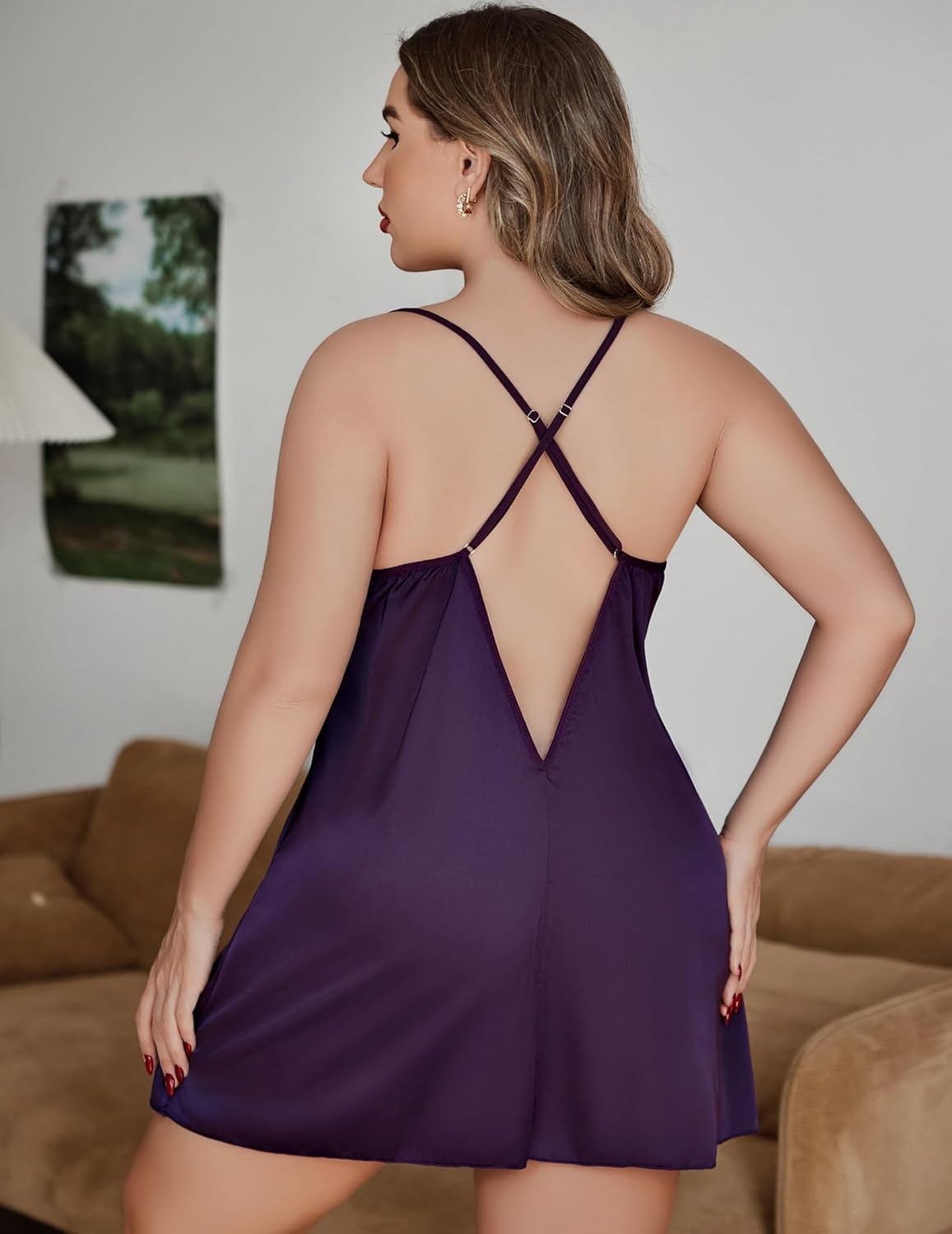 image:imageAvidlove Plus Size Lingerie For Women Sexy Satin Nightgown Lace Babydoll Side Slit Strappy Chemise NightwearDeep Purple