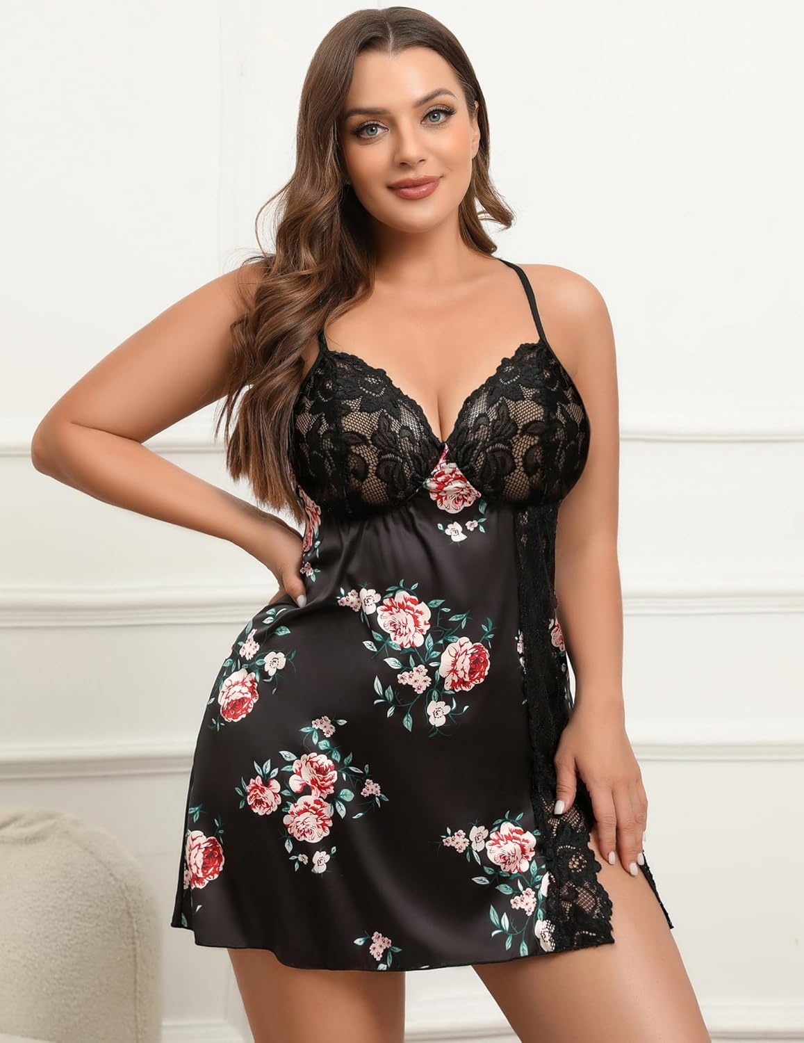 image:imageAvidlove Plus Size Lingerie For Women Sexy Satin Nightgown Lace Babydoll Side Slit Strappy Chemise NightwearFloral Black