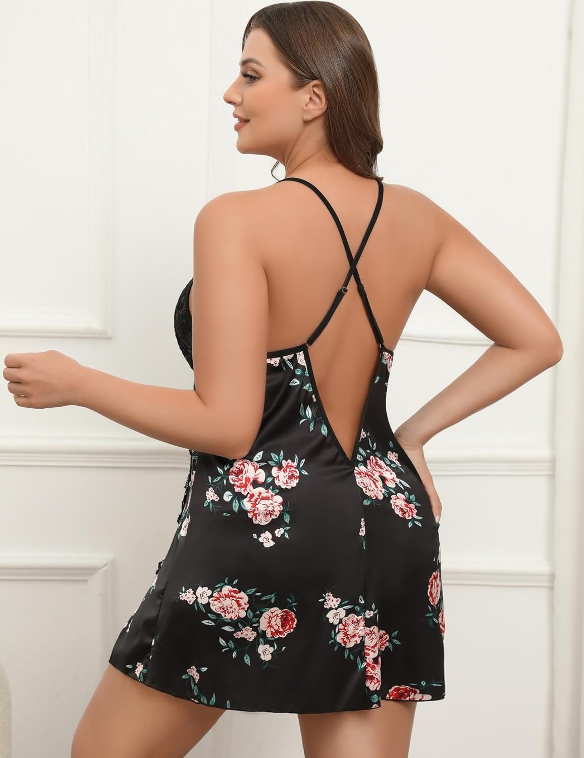 image:imageAvidlove Plus Size Lingerie For Women Sexy Satin Nightgown Lace Babydoll Side Slit Strappy Chemise NightwearFloral Black