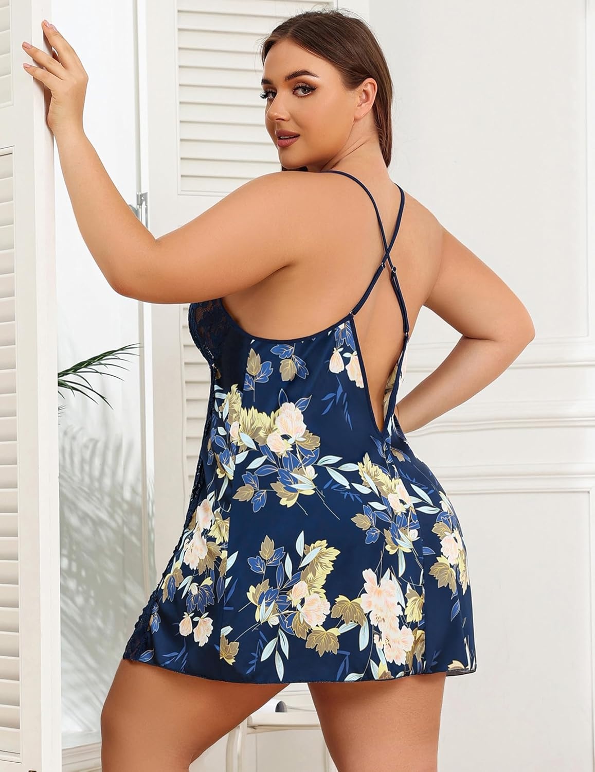 image:imageAvidlove Plus Size Lingerie For Women Sexy Satin Nightgown Lace Babydoll Side Slit Strappy Chemise NightwearFloral Navy