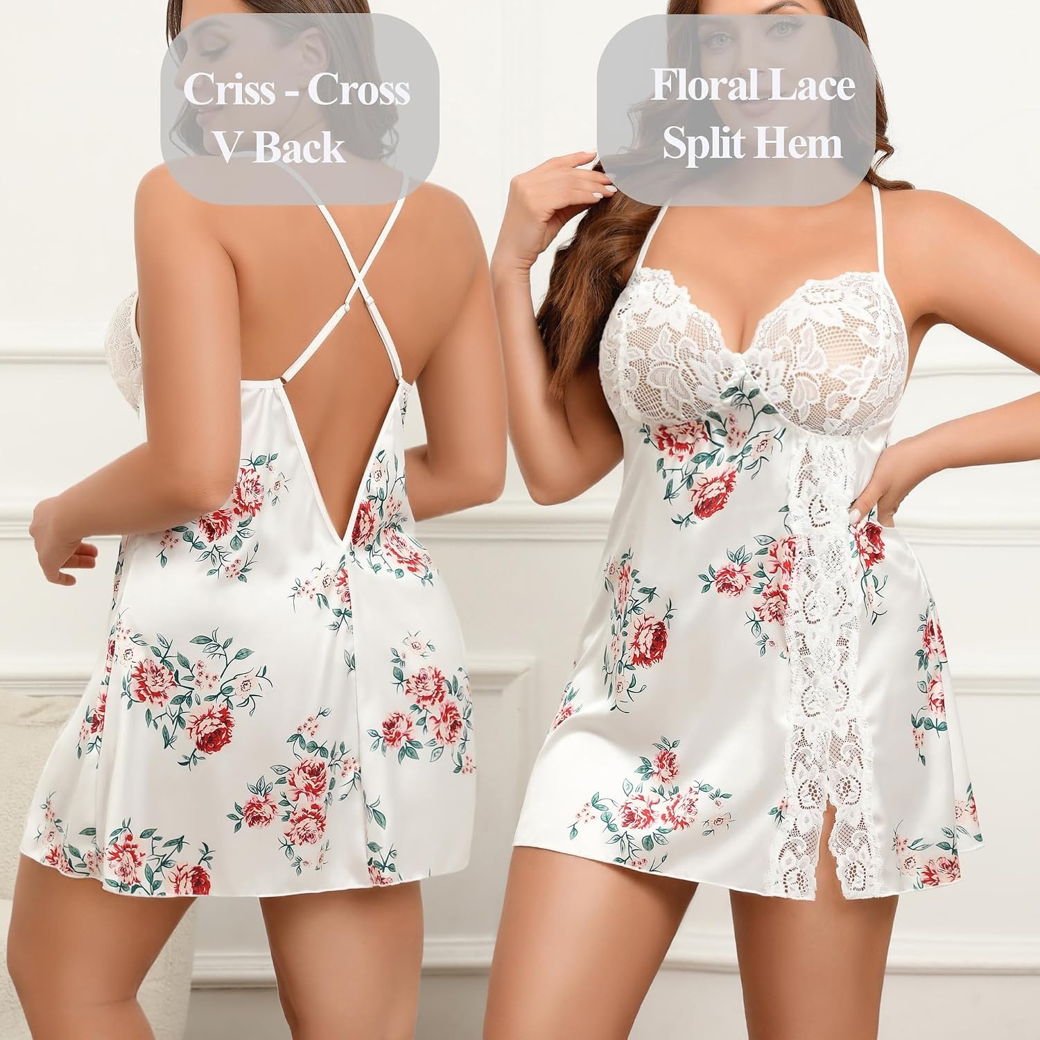 image:imageAvidlove Plus Size Lingerie For Women Sexy Satin Nightgown Lace Babydoll Side Slit Strappy Chemise NightwearFloral White