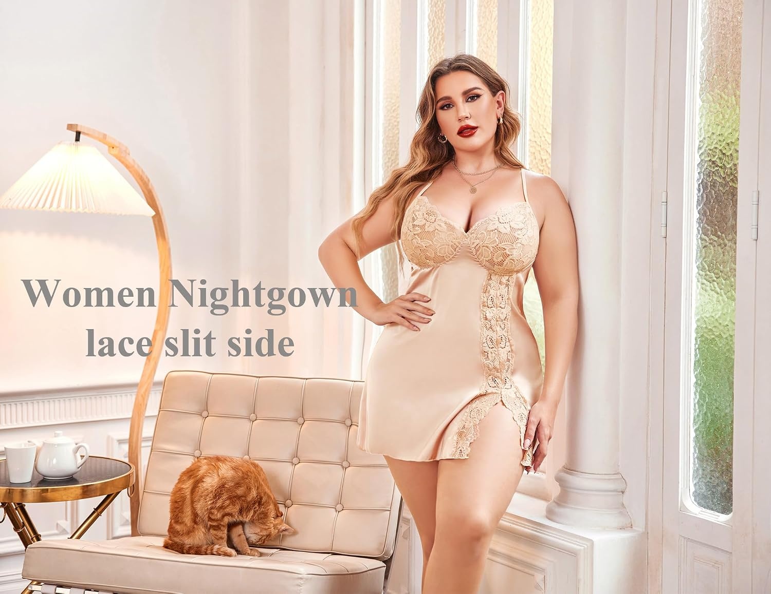 image:imageAvidlove Plus Size Lingerie For Women Sexy Satin Nightgown Lace Babydoll Side Slit Strappy Chemise NightwearLight Champagne