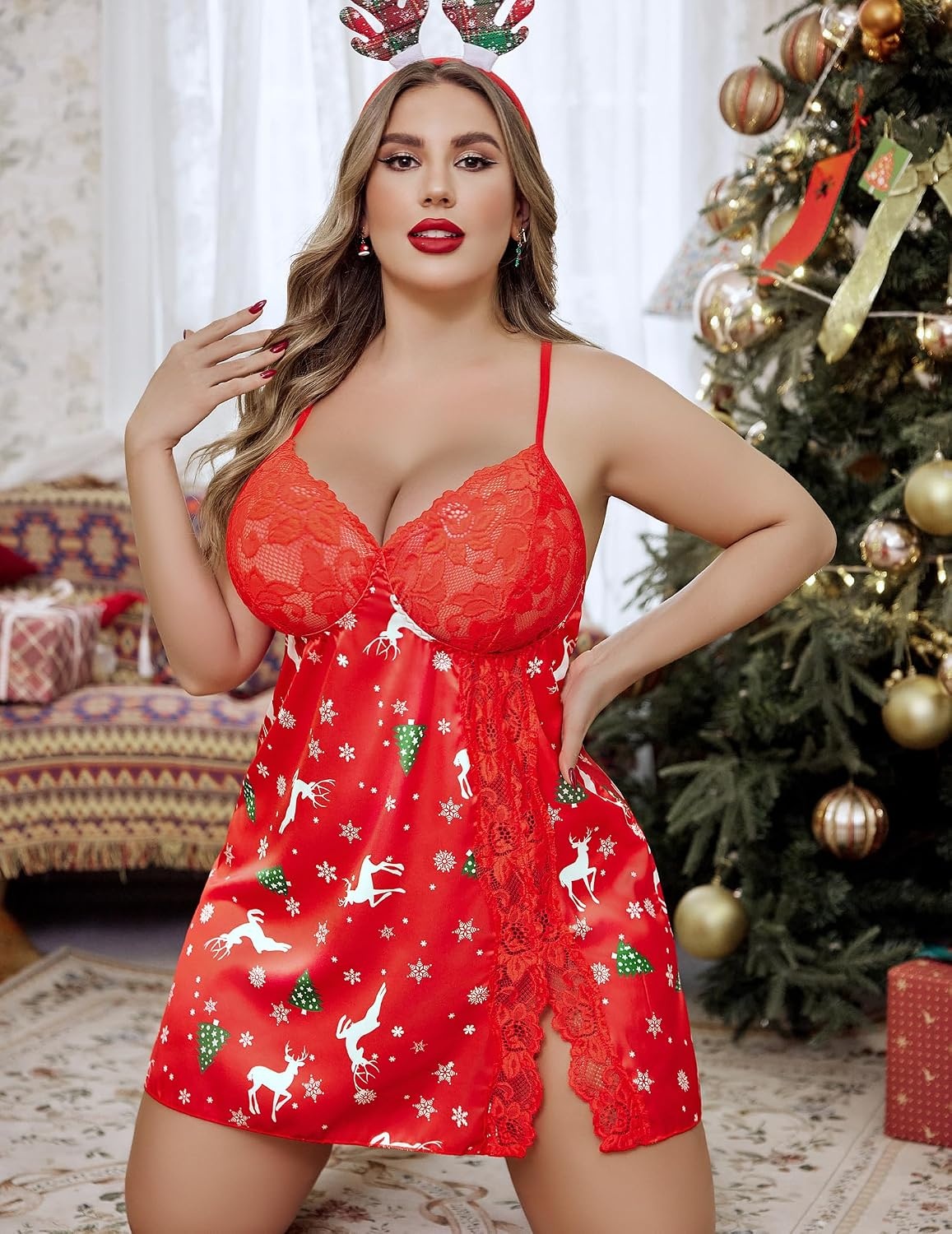 image:imageAvidlove Plus Size Lingerie For Women Sexy Satin Nightgown Lace Babydoll Side Slit Strappy Chemise NightwearSanta Red