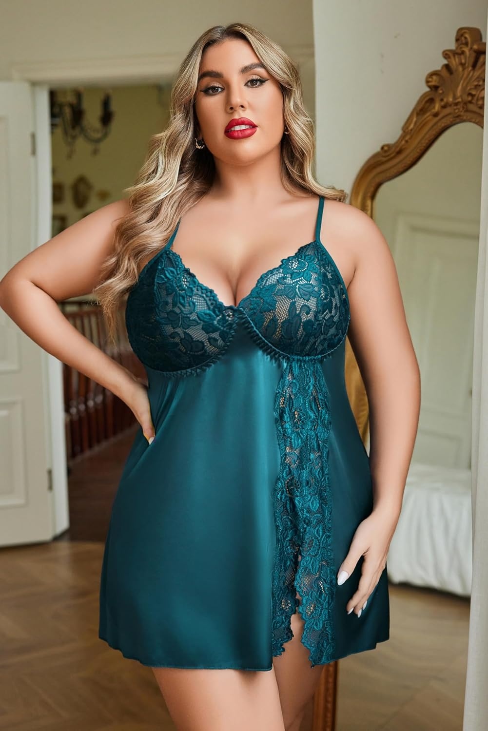 image:imageAvidlove Plus Size Lingerie For Women Sexy Satin Nightgown Lace Babydoll Side Slit Strappy Chemise NightwearTeal