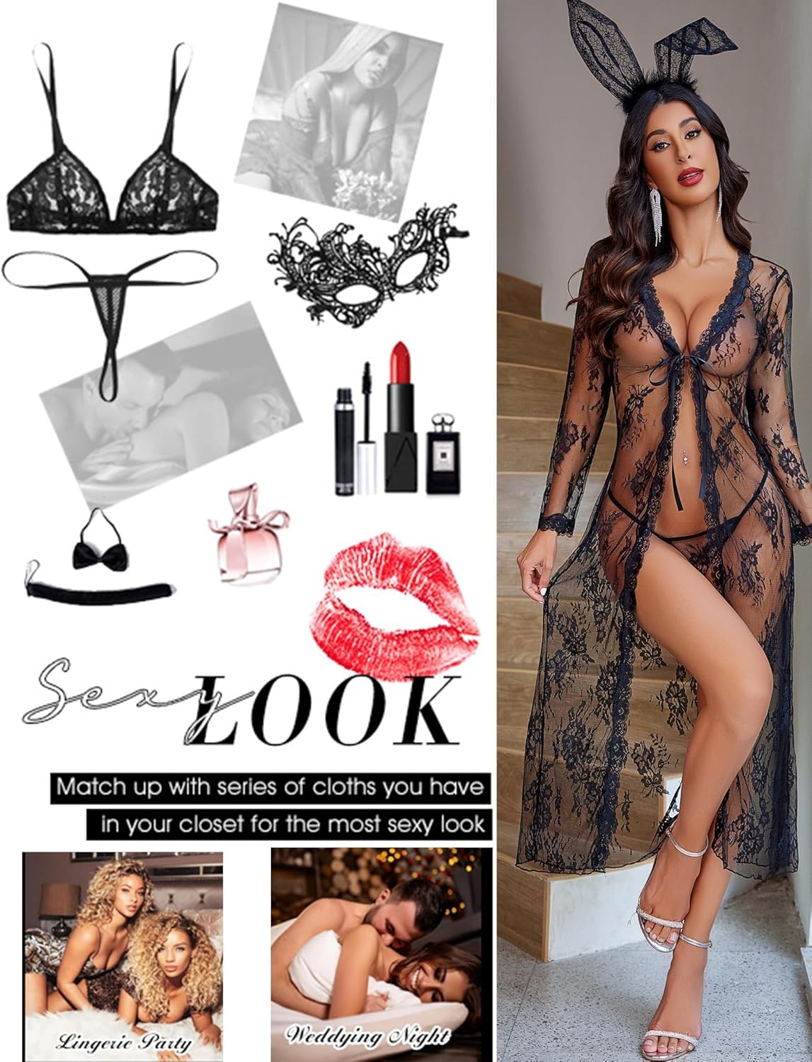 image:imageAvidlove Sexy Lace Robe for Women Lingerie Bridal Lace Babydoll Robe Lingerie Sheer Wedding GownBlack