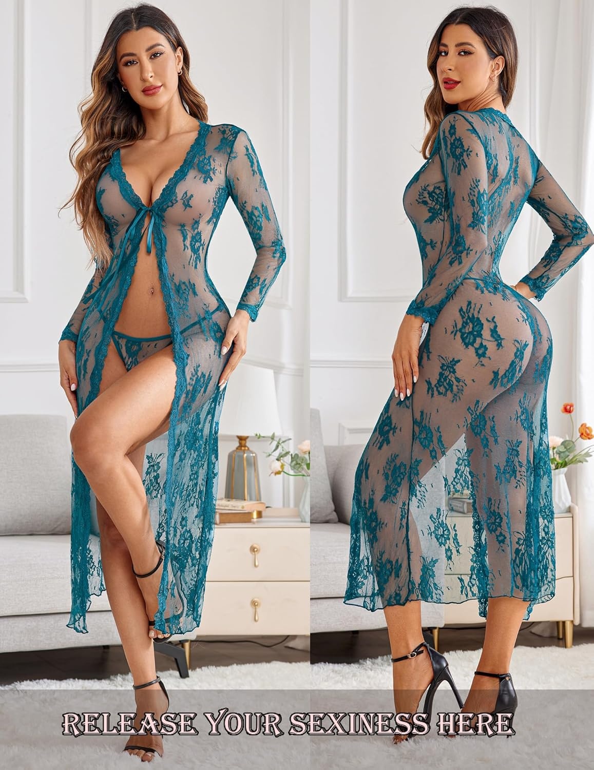 image:imageAvidlove Sexy Lace Robe for Women Lingerie Bridal Lace Babydoll Robe Lingerie Sheer Wedding GownBlue Green