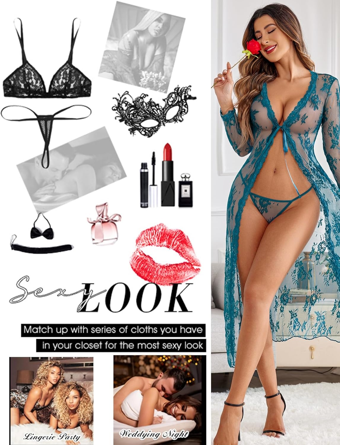 image:imageAvidlove Sexy Lace Robe for Women Lingerie Bridal Lace Babydoll Robe Lingerie Sheer Wedding GownBlue Green