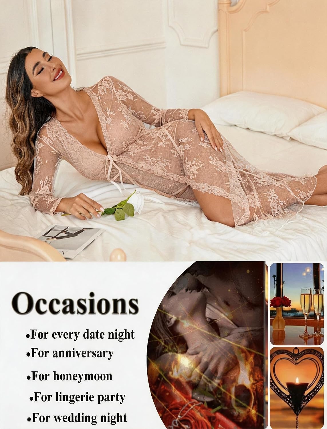 image:imageAvidlove Sexy Lace Robe for Women Lingerie Bridal Lace Babydoll Robe Lingerie Sheer Wedding GownChampagne