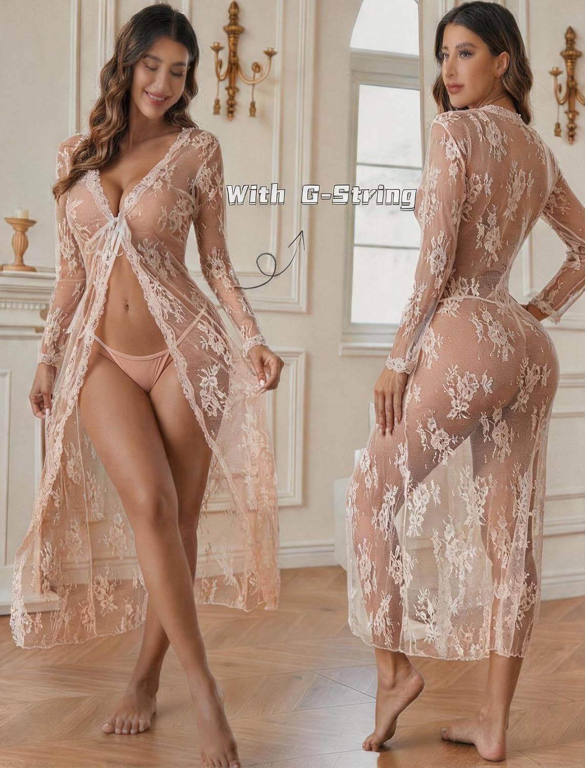 image:imageAvidlove Sexy Lace Robe for Women Lingerie Bridal Lace Babydoll Robe Lingerie Sheer Wedding GownChampagne