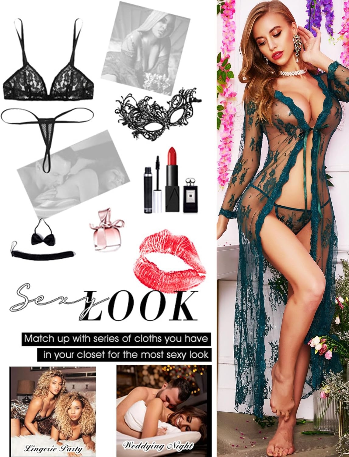 image:imageAvidlove Sexy Lace Robe for Women Lingerie Bridal Lace Babydoll Robe Lingerie Sheer Wedding GownDark Green
