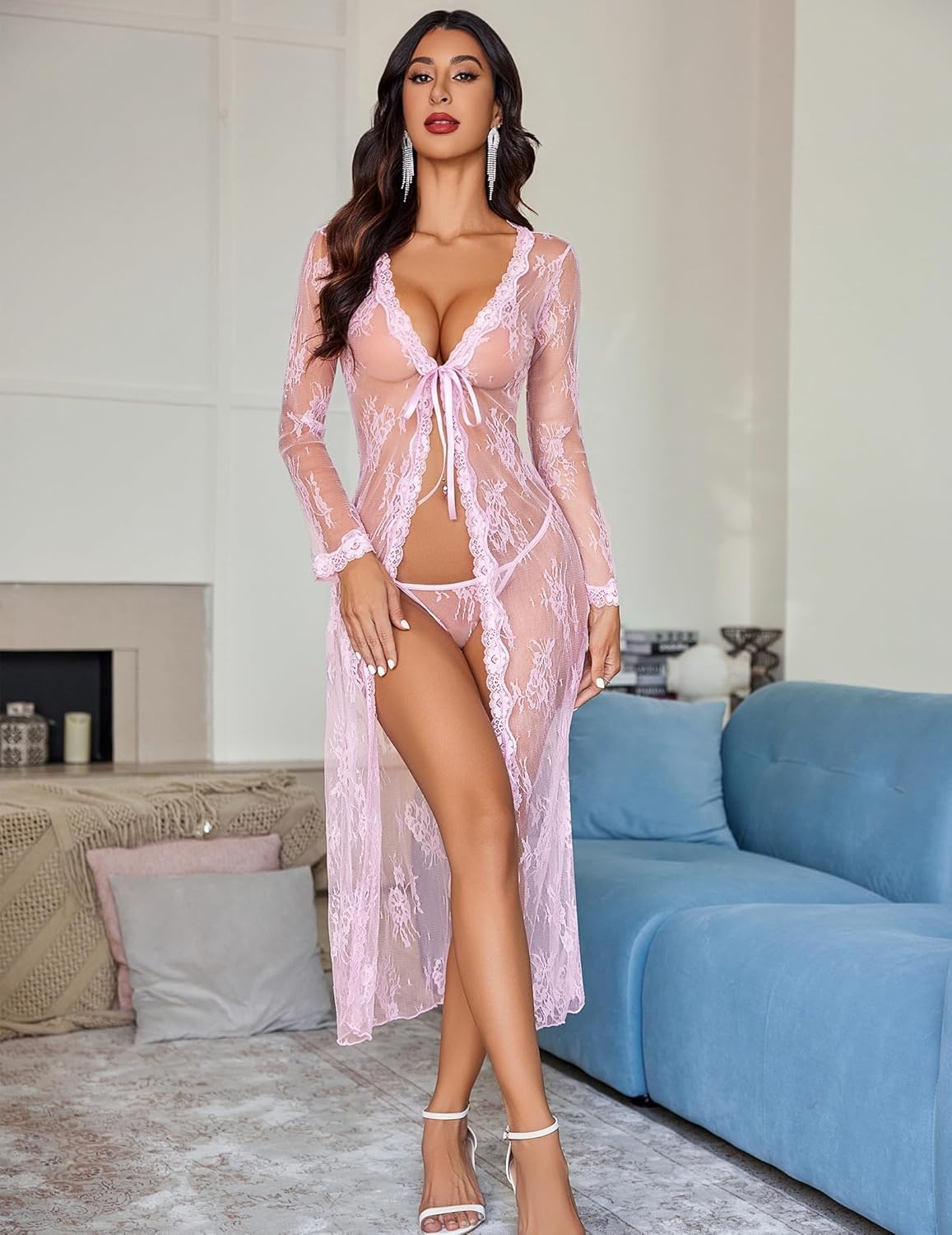 image:imageAvidlove Sexy Lace Robe for Women Lingerie Bridal Lace Babydoll Robe Lingerie Sheer Wedding GownDark Pink