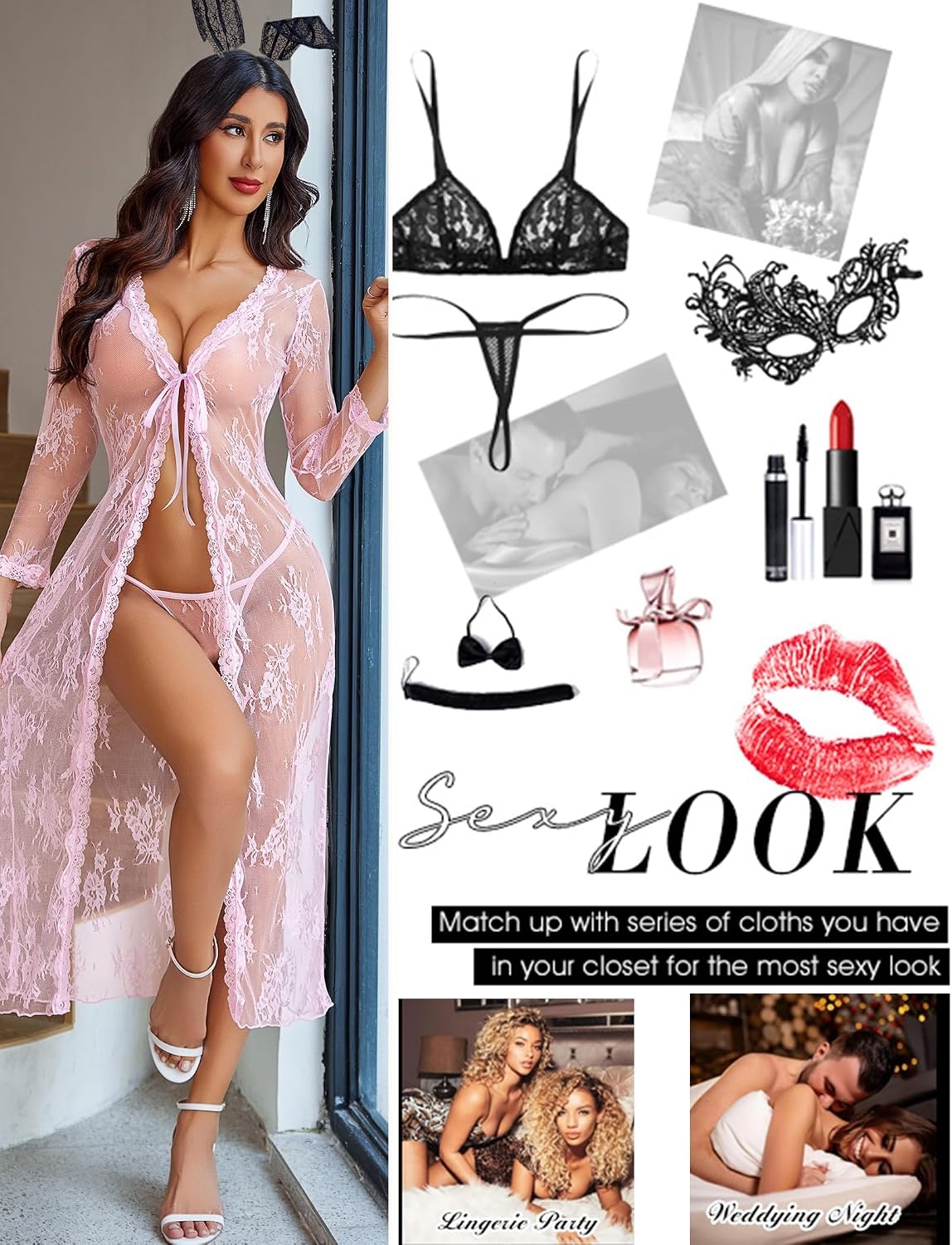image:imageAvidlove Sexy Lace Robe for Women Lingerie Bridal Lace Babydoll Robe Lingerie Sheer Wedding GownDark Pink